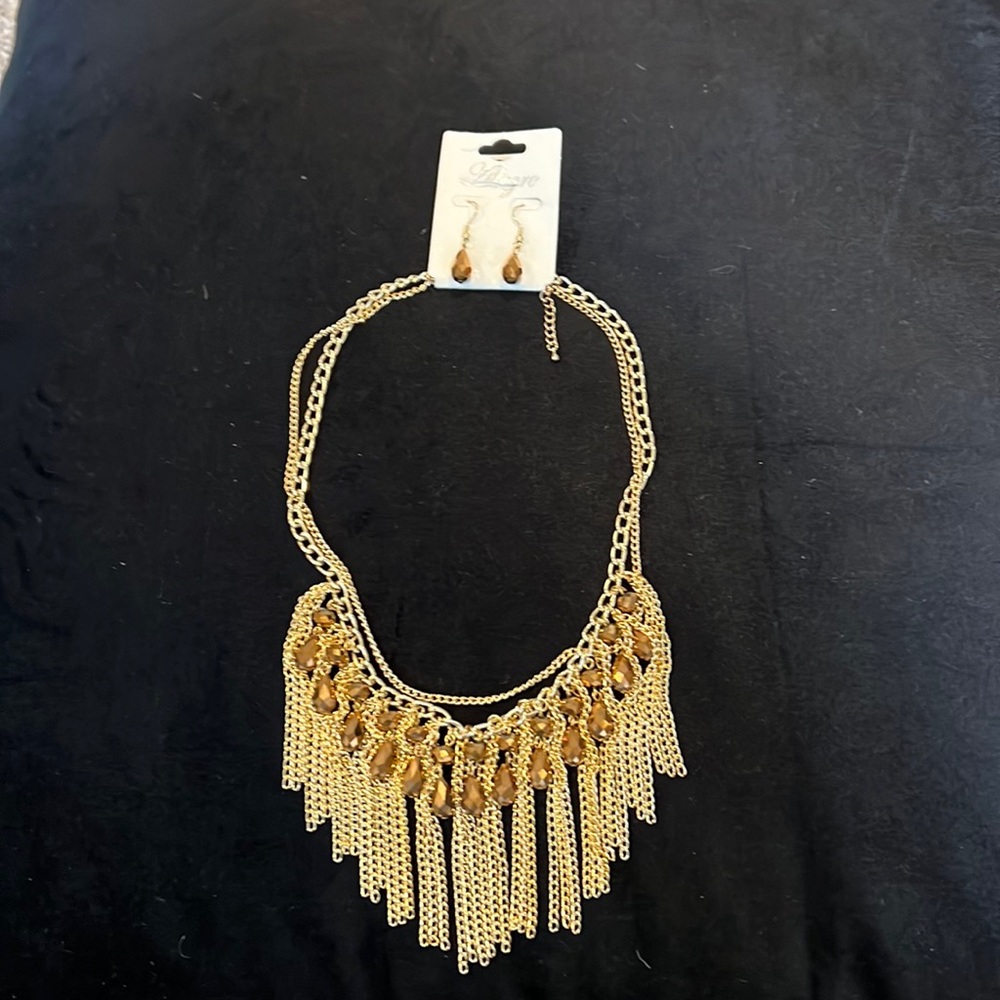 Gold fringe tassel necklace/earrings set